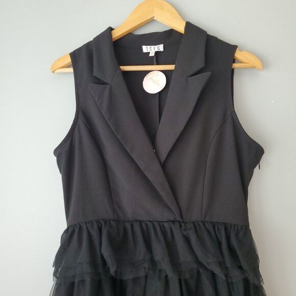 TCEC Black Sleeveless V Neck Layered Tulle Mini Dress Womens Large - Picture 2 of 8